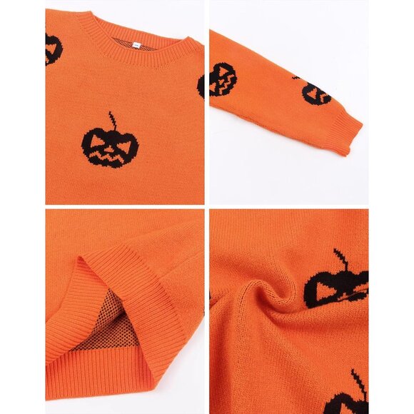 Women's Orange Pumpkin Sweater Crew Neck Long Sleeve Halloween Pullover - Picture 4 of 7
